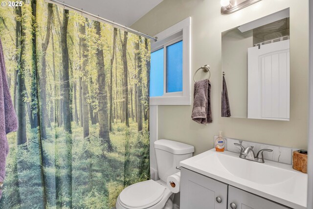 full bathroom with vanity, shower / bathtub combination with curtain, and toilet