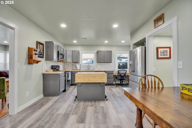 217 N Molalla Ave, Molalla, OR 97038 - kitchen with appliances with stainless steel finishes, gray cabinets, light wood-style flooring, butcher block countertops, and recessed lighting