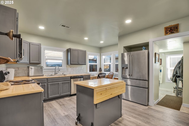 kitchen featuring sink, light hardwood / wood-style flooring, backsplash, stainless steel appliances, and a kitchen island