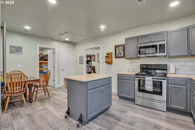 kitchen featuring light hardwood / wood-style flooring, appliances with stainless steel finishes, gray cabinetry, a center island, and decorative backsplash