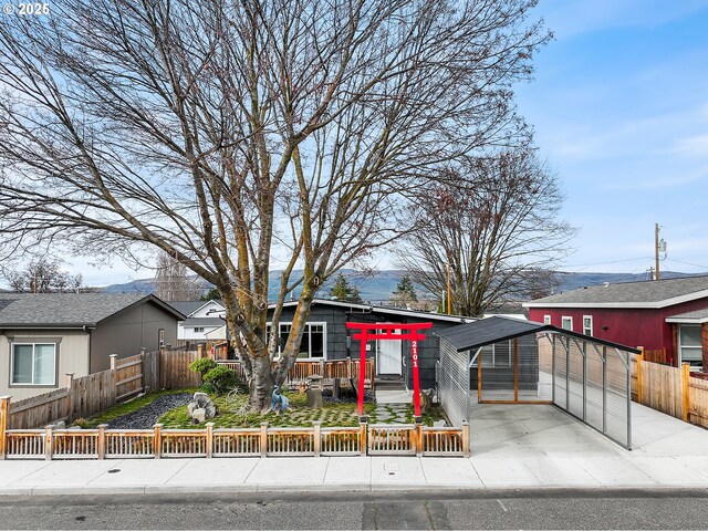 view of front of house with a fenced front yard and a carport