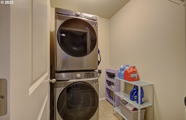 10201 NE 46th Ave, Vancouver, WA 98686 - laundry room featuring stacked washer / dryer, baseboards, and tile patterned floors
