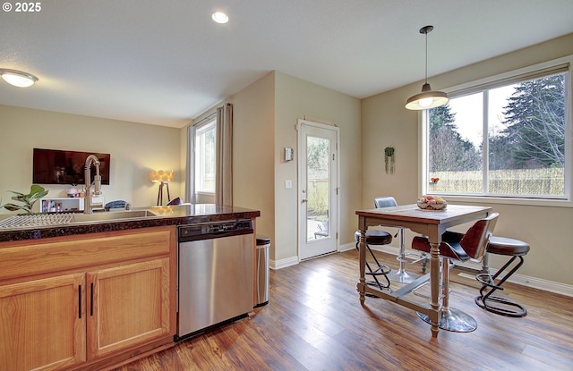 10201 NE 46th Ave, Vancouver, WA 98686 - kitchen with stainless steel dishwasher, wood finished floors, a sink, tile countertops, and decorative light fixtures