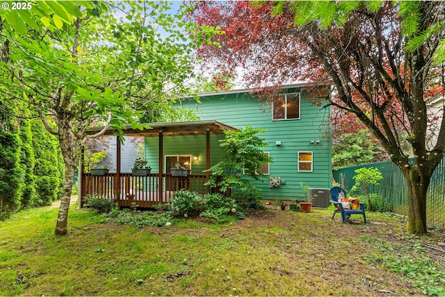 3929 SE 117th Pl, Portland, OR 97266 - back of property with a wooden deck and a yard