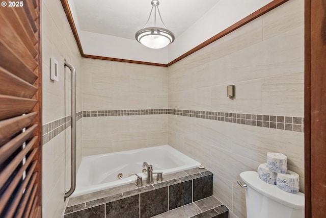 1230 Seagate Ave, Coos Bay, OR 97420 - full bath featuring a jetted tub, toilet, and tile walls