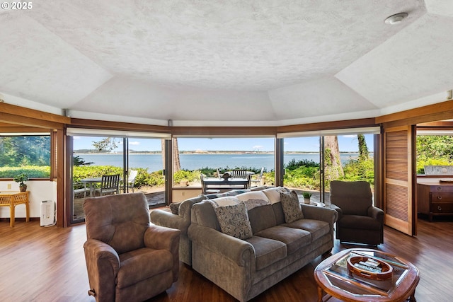 1230 Seagate Ave, Coos Bay, OR 97420 - living room featuring wood finished floors, a textured ceiling, a water view, a tray ceiling, and vaulted ceiling