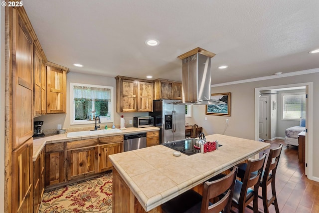 1230 Seagate Ave, Coos Bay, OR 97420 - kitchen with a sink, stainless steel appliances, plenty of natural light, island range hood, and recessed lighting