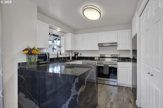 4634 Harriet Ave, Eugene, OR 97402 - kitchen featuring stainless steel appliances, under cabinet range hood, white cabinetry, and a peninsula