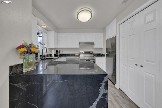 4634 Harriet Ave, Eugene, OR 97402 - kitchen featuring stainless steel electric range oven, under cabinet range hood, white cabinetry, and light wood-style floors
