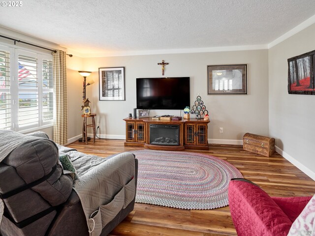 427 E Clackamas Cir, Woodburn, OR 97071 - living area featuring ornamental molding, baseboards, wood finished floors, and a textured ceiling