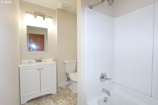 bathroom with baseboards, visible vents, toilet, bathtub / shower combination, and vanity