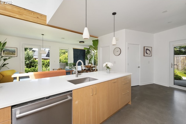 4889 NE Going St, Portland, OR 97218 - kitchen with dishwasher, concrete floors, light countertops, pendant lighting, and open floor plan