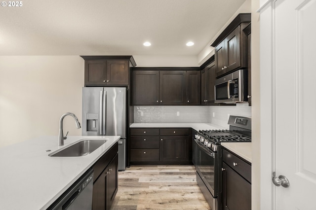 kitchen with light wood finished floors, stainless steel appliances, a sink, and light countertops