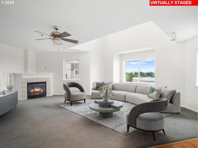 15325 NW Central Dr Unit 301, Portland, OR 97229 - carpeted living area featuring ceiling fan and a tiled fireplace