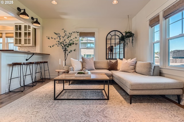 living area featuring baseboards, wood finished floors, and recessed lighting