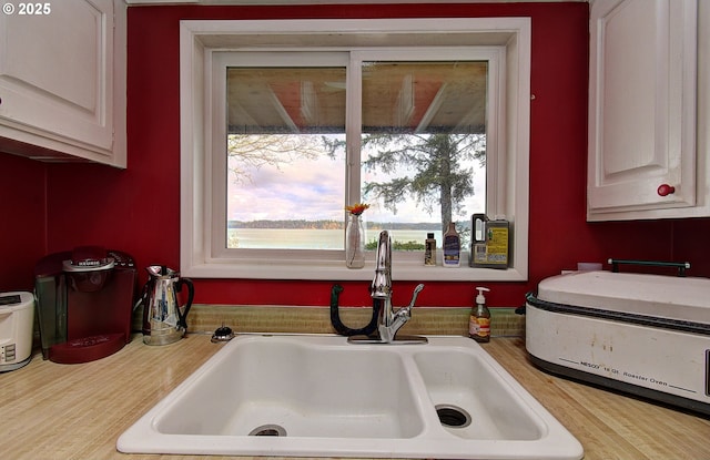 interior space featuring white cabinetry and sink