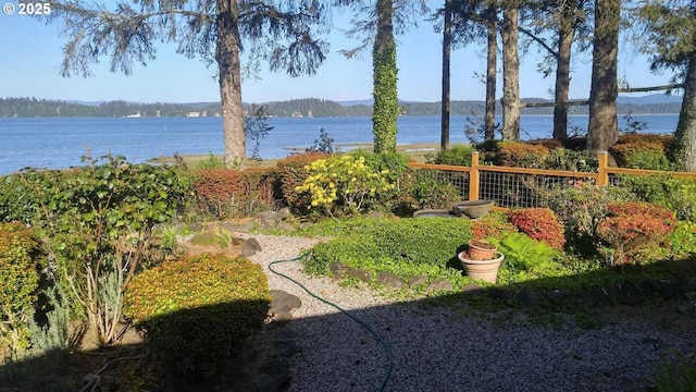 view of yard featuring a water view and fence