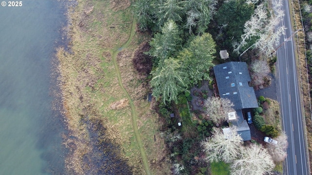 bird's eye view with a water view