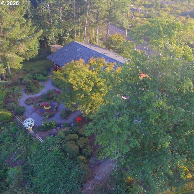 bird's eye view featuring a forest view