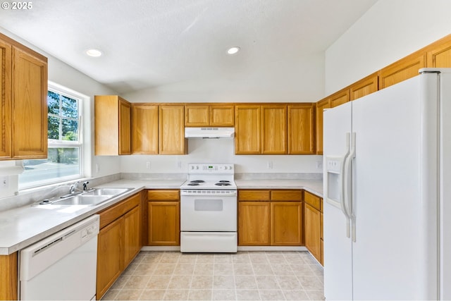 1222 Laurel Ct, Sweet Home, OR 97386 - kitchen featuring white appliances, under cabinet range hood, a sink, lofted ceiling, and light countertops