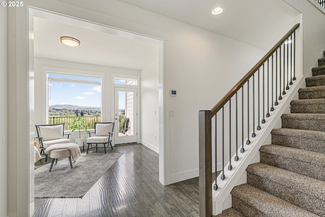 39313 NE 143rd Pl, Amboy, WA 98601 - stairway featuring baseboards, recessed lighting, and wood finished floors