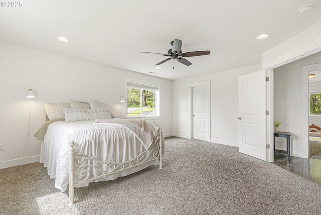 39313 NE 143rd Pl, Amboy, WA 98601 - carpeted bedroom featuring baseboards, ceiling fan, recessed lighting, and visible vents