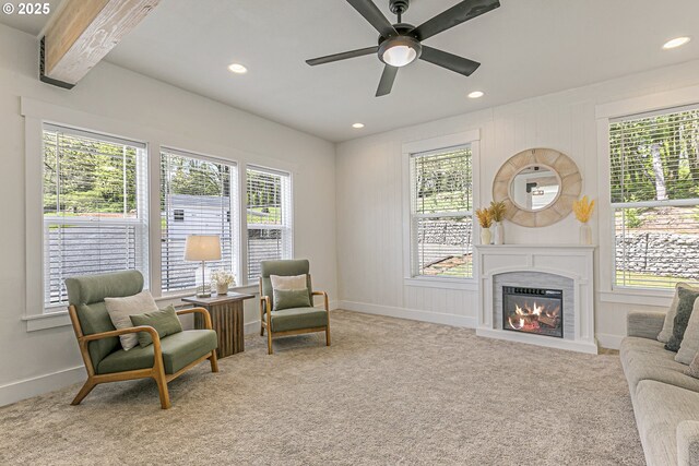 39313 NE 143rd Pl, Amboy, WA 98601 - sitting room featuring ceiling fan, light colored carpet, a brick fireplace, recessed lighting, and baseboards