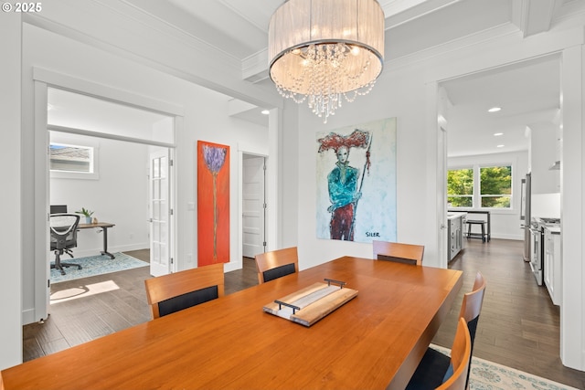 2608 N Winchell St, Portland, OR 97217 - dining space featuring a chandelier, dark wood-style floors, recessed lighting, baseboards, and crown molding