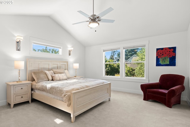 2608 N Winchell St, Portland, OR 97217 - bedroom with light colored carpet, baseboards, high vaulted ceiling, and ceiling fan