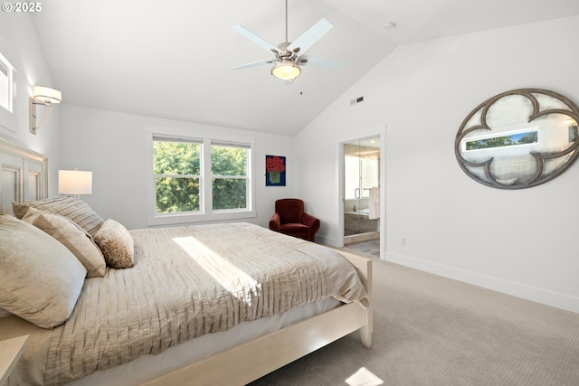 2608 N Winchell St, Portland, OR 97217 - bedroom with carpet floors, high vaulted ceiling, baseboards, ensuite bath, and a ceiling fan