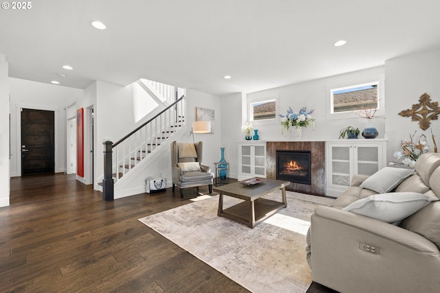 2608 N Winchell St, Portland, OR 97217 - living area featuring stairway, recessed lighting, wood finished floors, baseboards, and a glass covered fireplace