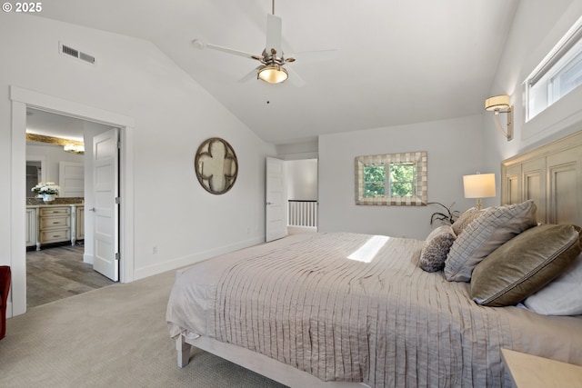 2608 N Winchell St, Portland, OR 97217 - bedroom featuring carpet, multiple windows, baseboards, ceiling fan, and high vaulted ceiling