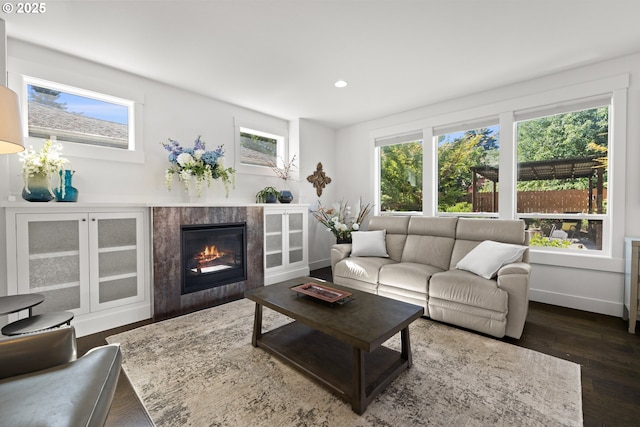 2608 N Winchell St, Portland, OR 97217 - living area with plenty of natural light, recessed lighting, wood finished floors, a high end fireplace, and baseboards