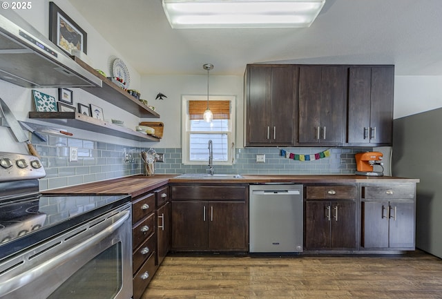 kitchen with dark brown cabinetry, butcher block counters, appliances with stainless steel finishes, ventilation hood, and a sink