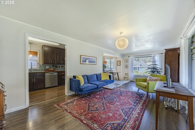 living room with baseboards and dark wood-type flooring