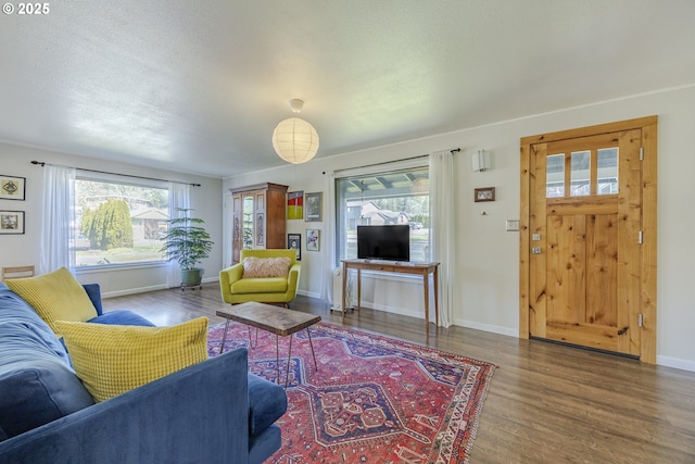 living area with a textured ceiling, baseboards, and wood finished floors