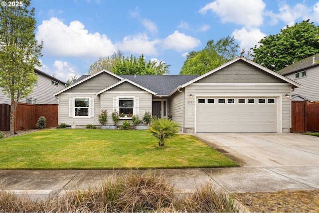 single story home featuring a garage, a front lawn, fence, and driveway