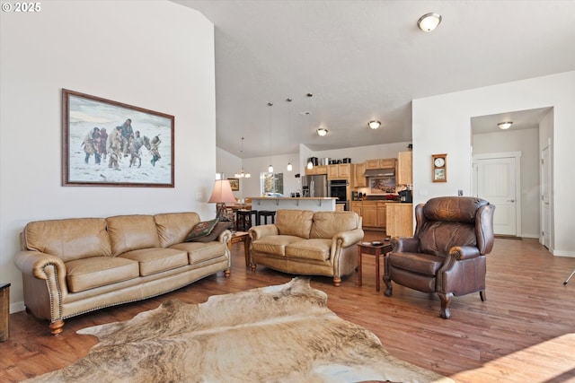 living room featuring lofted ceiling and light wood-type flooring