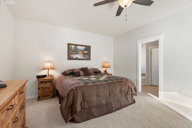 bedroom featuring ceiling fan and light colored carpet