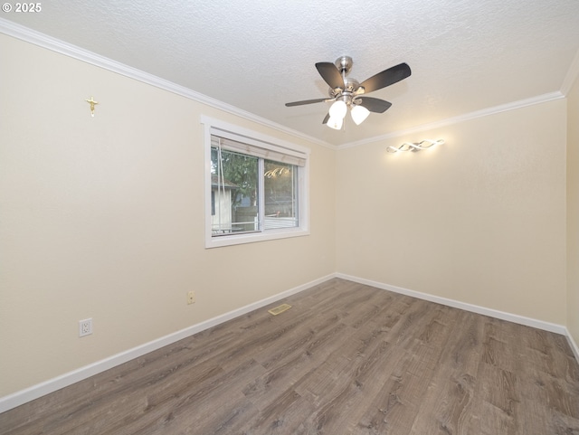 unfurnished room featuring hardwood / wood-style flooring, ceiling fan, crown molding, and a textured ceiling