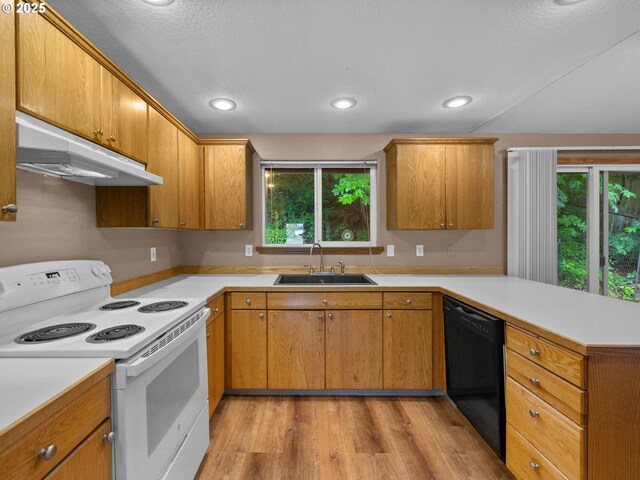 17555 Koch Ct, Sandy, OR 97055 - kitchen with electric range, a sink, under cabinet range hood, dishwasher, and light wood-style floors