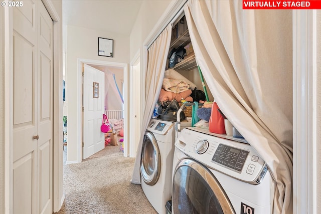 laundry room featuring laundry area, independent washer and dryer, and carpet floors