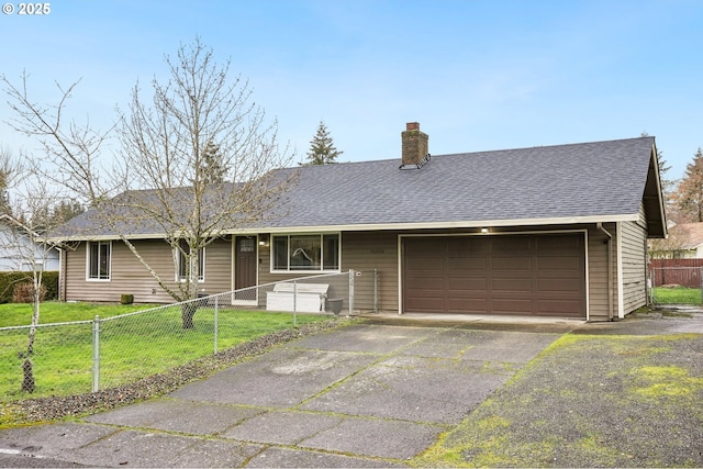 ranch-style home featuring roof with shingles, a chimney, a garage, fence private yard, and a front lawn