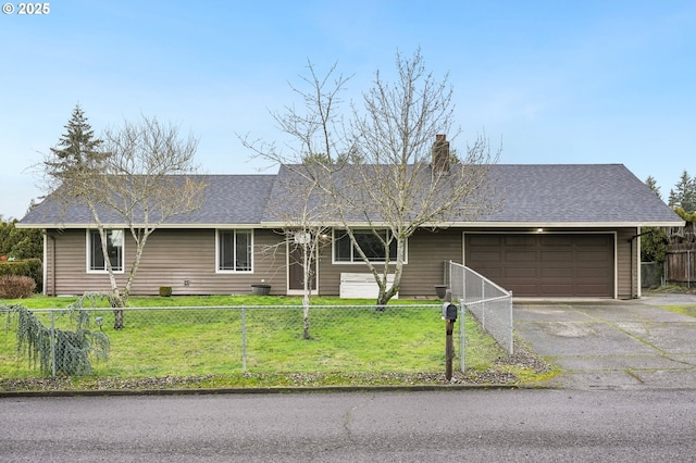 ranch-style house with a shingled roof, an attached garage, a front yard, fence private yard, and driveway