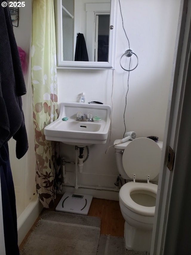 full bath featuring a shower with shower curtain, wood finished floors, and toilet