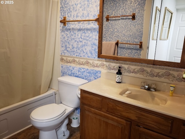 bathroom featuring wallpapered walls, shower / tub combo, toilet, and vanity