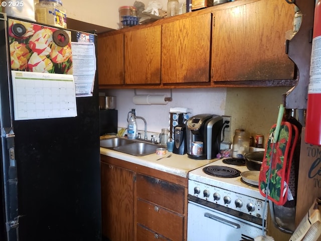 kitchen featuring brown cabinetry, a sink, light countertops, and freestanding refrigerator