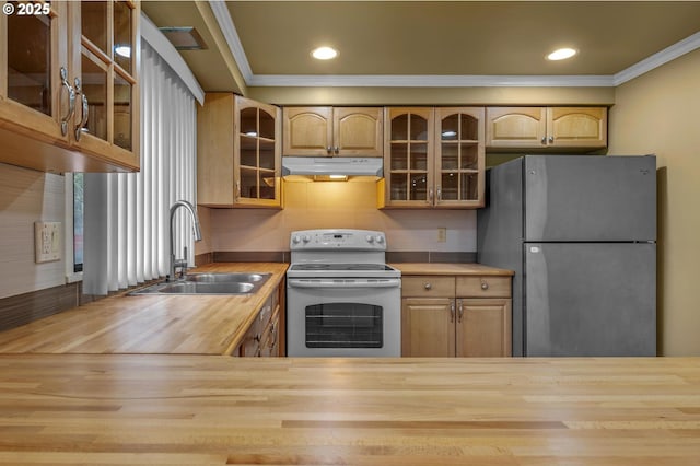 kitchen with white electric range oven, butcher block countertops, freestanding refrigerator, and a sink