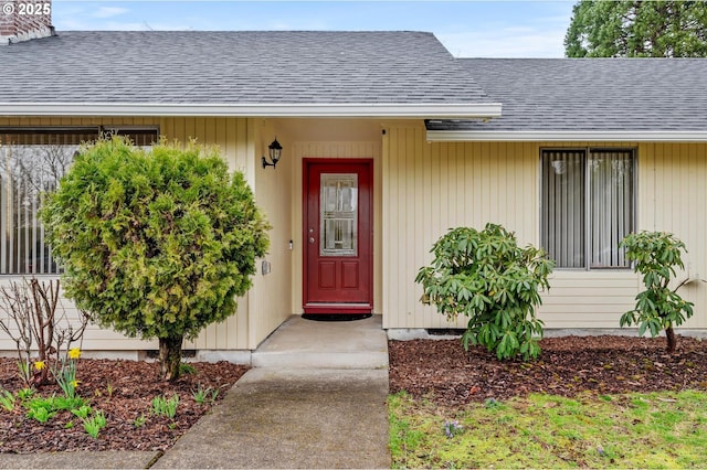 view of exterior entry featuring roof with shingles