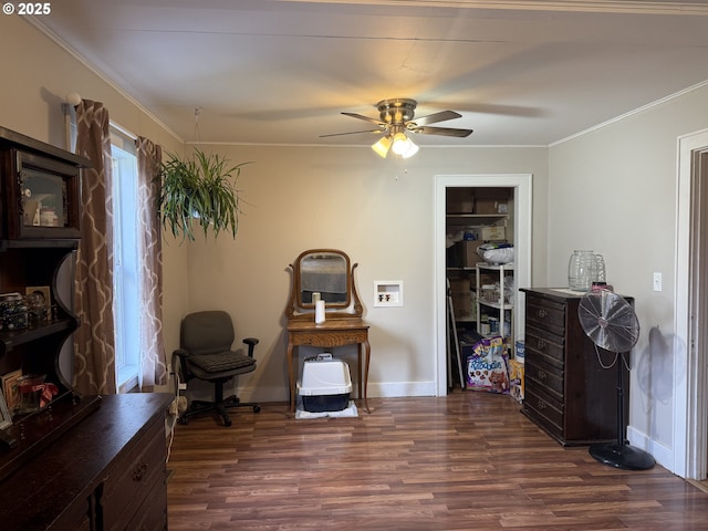 interior space featuring crown molding, ceiling fan, and dark hardwood / wood-style flooring